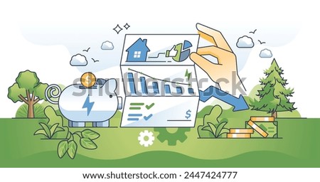 Utility bill savings and calculations to save money outline hands concept. Save expenses about house heating, electricity and water with smart cost reduction and usage efficiency vector illustration.