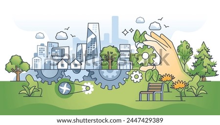Sustainable urban community with effective eco balance outline hands concept. City with economic development while protecting green areas and biodiversity vector illustration. Environmental care.