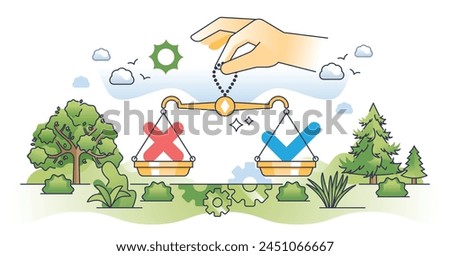 Decision making process with correct and wrong options outline hands concept. Choice from possible opportunities with right and incorrect solutions vector illustration. Scales balance measurement.