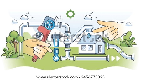 Residential plumbing service for house water system outline hands concept. Professional maintenance, repair or installation for water treatment, heating or drainage vector illustration. Plumber work.