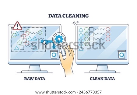 Data cleaning and raw information removing from storage outline diagram. Labeled scheme with before and after examining database and sorting files vector illustration. Digital information management.