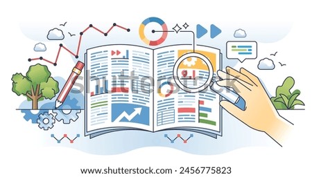 Data journalism and media article information research outline hands concept. Daily paper content fact check and reportage analytics vector illustration. Published newspaper article analyzing.