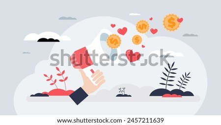 Nonprofit fundraising project with financial aid tiny person hands concept. Support awareness for money raising vector illustration. Philanthropy and public charity project for poor social groups.