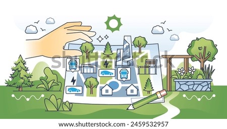 Urban planning and modern city design development outline hands concept. New district or residential area project construction with sustainable infrastructure and green parks vector illustration.