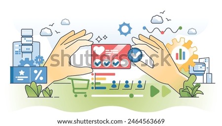 Customer loyalty programs and shopping discount cards outline hands concept. Satisfaction from clients from bonus and reward prizes vector illustration. Coupon and award earning strategy for loyalty.