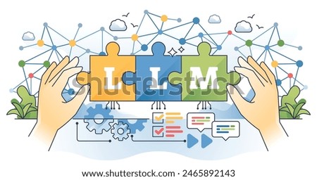 LLM or large language model for text generation outline hands concept. Automated artificial intelligence or complex AI algorithm usage for text understanding and communication vector illustration.