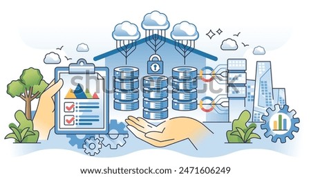 Data warehousing and information storage management outline hands concept. Secured and safe file database upload in cloud servers vector illustration. Hosting with cyber infrastructure as service.