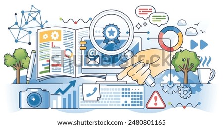 Data journalism with information analyze and research outline hands concept. Online literature analysis with investigation and fact checkup vector illustration. Searching for info in news website.