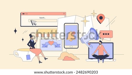 Local digital marketing campaign strategies tiny person neubrutalism concept. Store advertisement using location services for effective targeted audience vector illustration. GPS ads in smartphone.