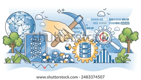 Data mining as sorting large digital information amount outline hands concept. Artificial intelligence usage for file and big data collection vector illustration. Extracting and discovering patterns.