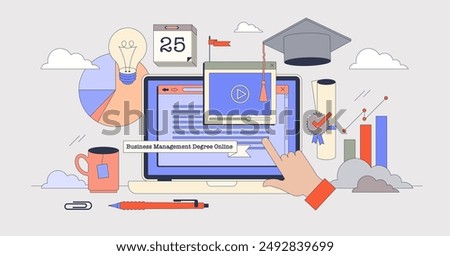 Online web degree in business management tiny person neubrutalism concept. Businessman education as knowledge for effective company leadership vector illustration. Distant study in digital university