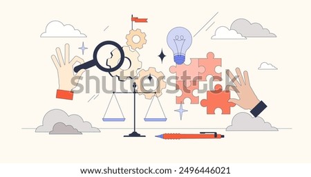 Systems of thinking with analytical approach tiny person neubrutalism concept. Logic and critical thinking for information management and analytics vector illustration. Cognitive strategy for mind.