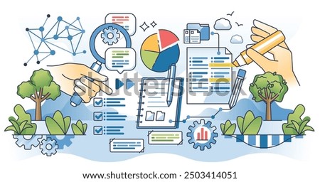 Thematic analysis for qualitative data research outline hands concept. Deep information identifying, analysing or interpreting patterns within text vector illustration. Statistic method or technique