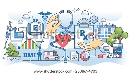 Medical abbreviations or text signs for shorter writing outline hands concept. Prescription paperwork filling, pharmacist advice for receipts or doctor diagnosis acronyms vector illustration.