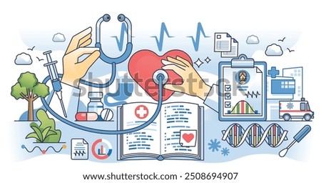 Medical terminology and patient disease history writing outline hands concept. Doctor communication language using specific medicine terms and words vector illustration. Healthcare records meaning.