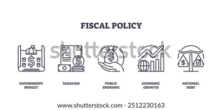 Fiscal policy and country economical control outline icons collection set. Elements with government budget calculation, taxation strategy, public money spending and national debt vector illustration.