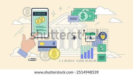 Open banking and financial services data share tiny neubrutalism concept. API integration for digital money platforms and apps vector illustration. Bank information sharing for third party software.