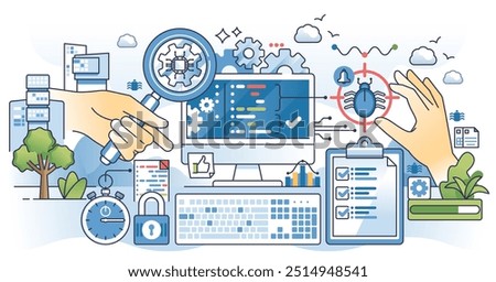 Functional testing and examining bugs in app system outline hands concept. Programming and coding problem prevention using code check, analysis and audit vector illustration. Software development.