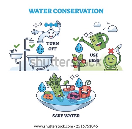 Water conservation to save drinkable resources kid friendly outline diagram. Labeled educational scheme with environmental and nature friendly habits vector illustration. Turn off, use less and save.