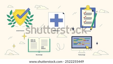 Illustration depicting medical coding certification elements like a shield, cross, and computer in neubrutalism style collection.