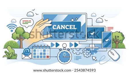 Click-to-cancel concept with hand, cancel button, and digital devices. Outline style