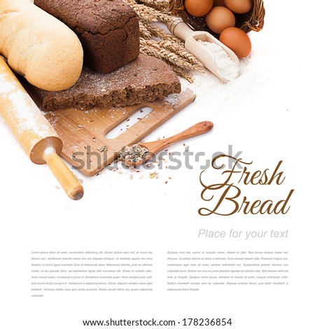 fresh bread on cutting Board, scoop with flower and seeds isolated over white