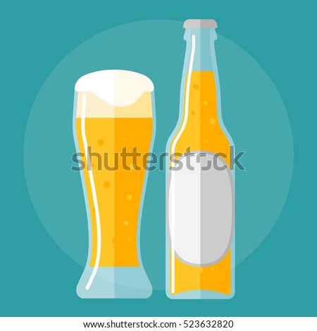 glass of beer and bottle flat icon.