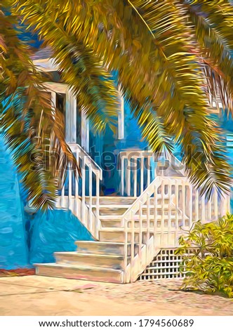 Palm branches, hanging low over driveway, hide part of front entrance to beach house on a sunny day in west central Florida, USA, with digital painting effect