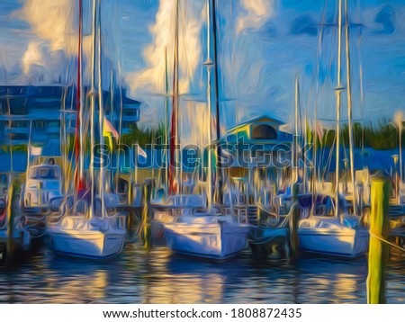 Yachts in coastal marina in sunlight and shadow at sunset, west central Florida, USA, with digital painting effect