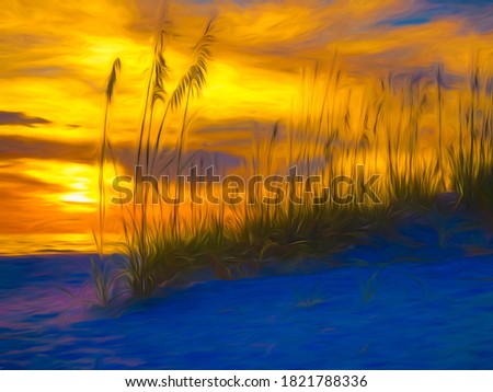 Impressionistic abstract of sun setting over Gulf of Mexico beyond a stand of sea oats (binomial name: Uniola paniculata) on dune in west central Florida, with digital painting effects. 3D rendering.