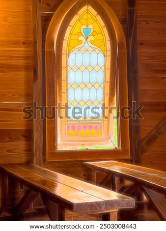 Similar – Image, Stock Photo Plain wooden bench in front of a wooden wall, with a window barricaded with square timbers.