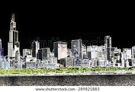Day-for-night city skyline: View of downtown Chicago, Illinois, USA, facing Lake Michigan, with Grant Park and Montrose Harbor in foreground, digitally altered for nocturnal effect