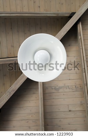 Light fixture hanging from ceiling of picnic shelter