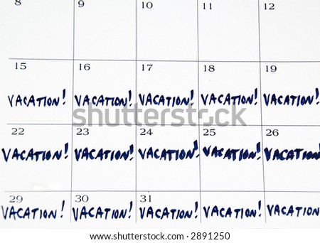 VACATION! written in blue across three weeks of white monthly calendar