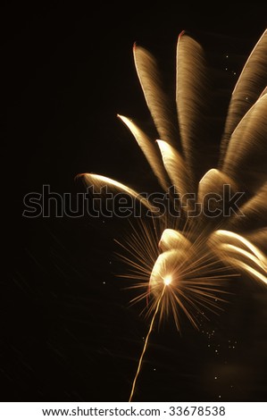 Fireworks burst with rocket trail, hot spot, and feathery motion blur