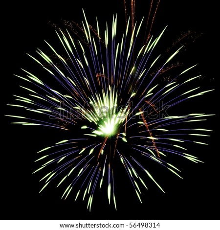 Blue and yellow-white burst of fireworks with greenish core and a little red, on square background