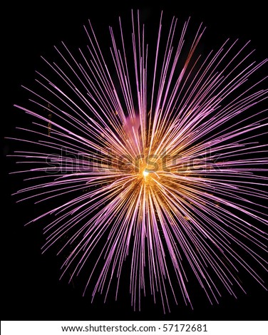 Burst of pinkish purple fireworks with orange center and white-hot core, a little off center