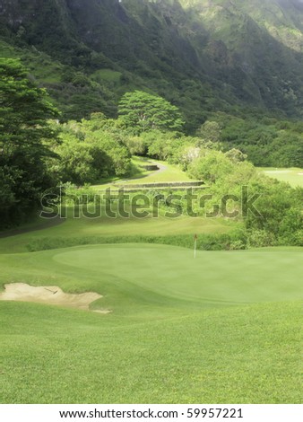 Mountainside golf course in Hawaii: fairway approach to putting green with terraced tee box of another hole beyond