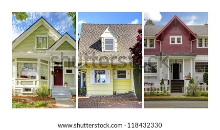 Collage of three home exteriors. Cute old craftsman style American homes front.