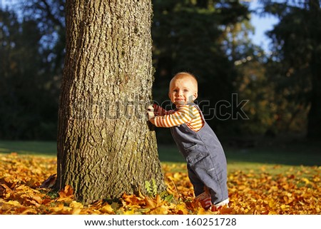 Little seven months old cute blond baby in the fall park with yellow leaves.