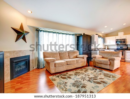 Furnished living room with fireplace, hardwood floor and rug.  Furnished with couch and love seat. Wall decorated with a big star. View of kitchen area