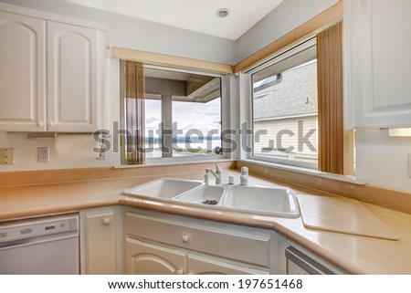 White kitchen room. CLose up view of corner with white  sink and windows