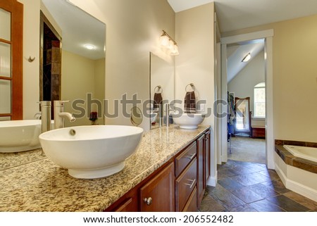 Bright bathroom interior. View of bathroom vanity cabinet with white vessel sinks and mirrors