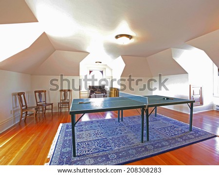 Entertainment room with vaulted ceiling and hardwood floor. View of tennis table
