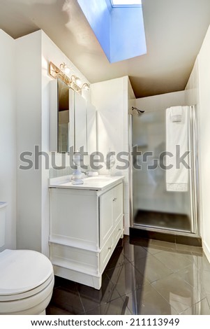 White simple bathroom interior with glass door shower and small vanity cabinet