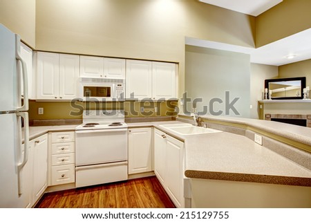 Light tones small kitchen room with white cabinets and appliances