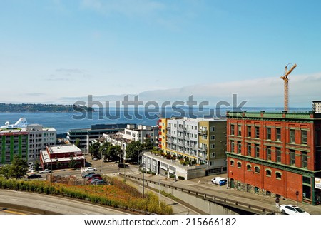 Downtown Seattle, WA-July14: View of the bay and American architecture. Down town of Seattle, WA. July14, 2014 in Downtown Seattle, Washington, USA
