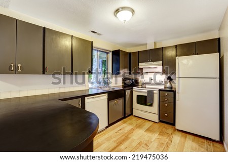 Kitchen room in contrast white and black colors. Black cabinets refreshed with white appliances