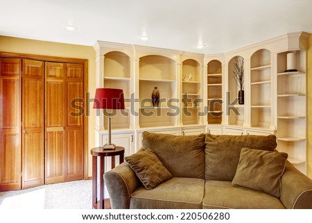 Comfortable brown love seat in cozy living room with storage combination behind it