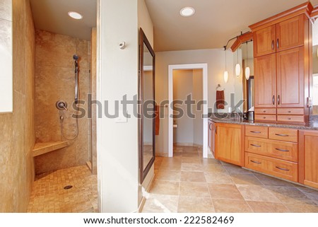 Spacious luxury bathroom with wooden storage combination, toilet and open shower with tile trim